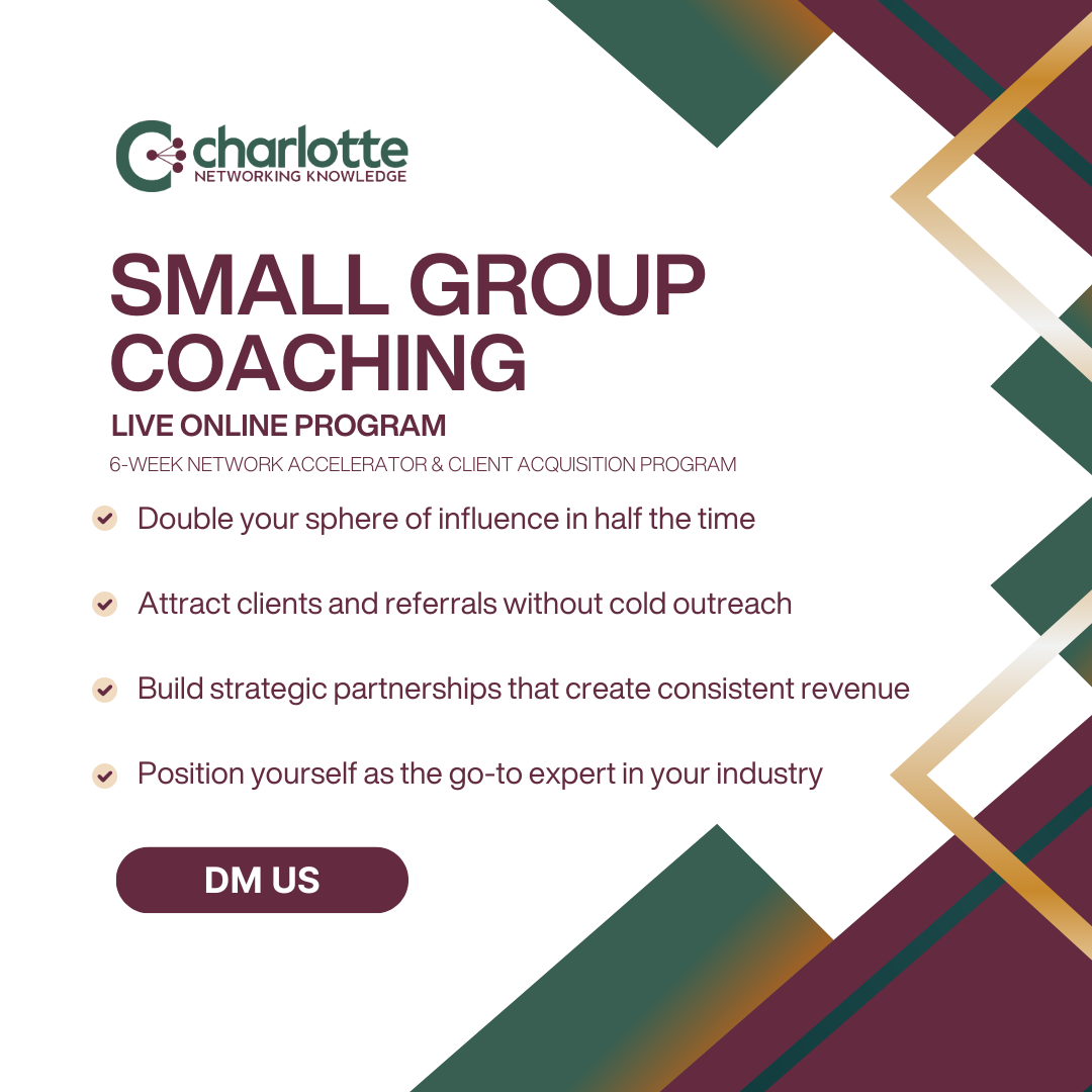 Small group business mastermind in Charlotte NC focused on strategic networking, referral partnerships, client acquisition, and advanced personal branding for business owners and entrepreneurs.