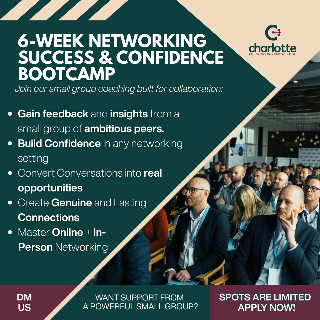 6-Week Intensive Networking Bootcamp for Small Group Coaching. Build confidence, improve networking skills, and connect with like-minded professionals through weekly sessions and personalized guidance.