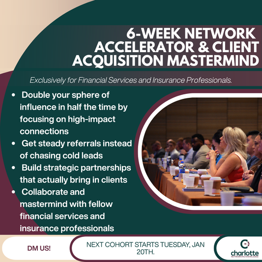 Financial services and insurance professionals participating in a virtual networking and client acquisition mastermind focused on referrals, partnerships, and relationship-based growth. 