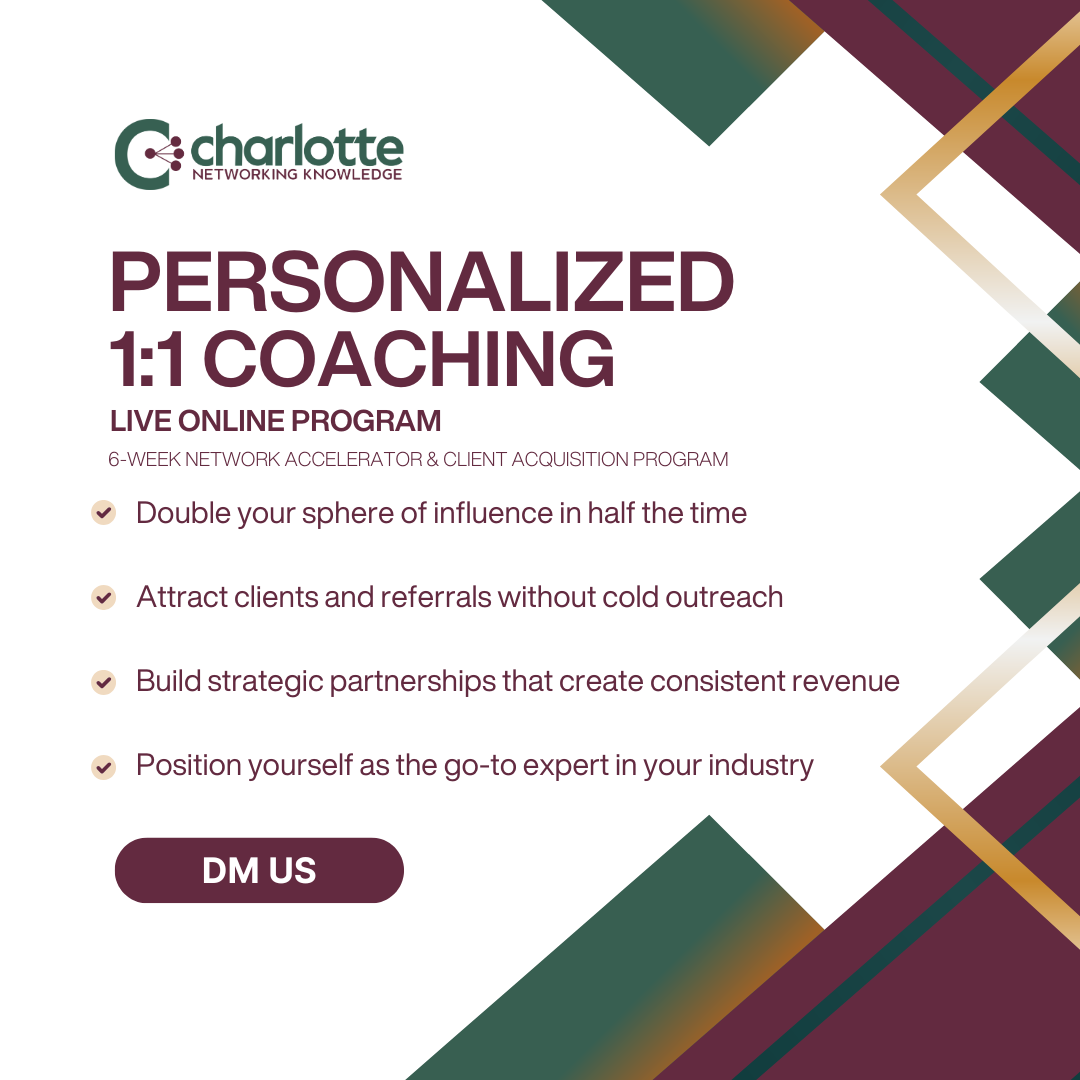 Charlotte business owners grow confidence, strategic partnerships, and networking skills with 1:1 coaching and small-group Network Accelerator program.