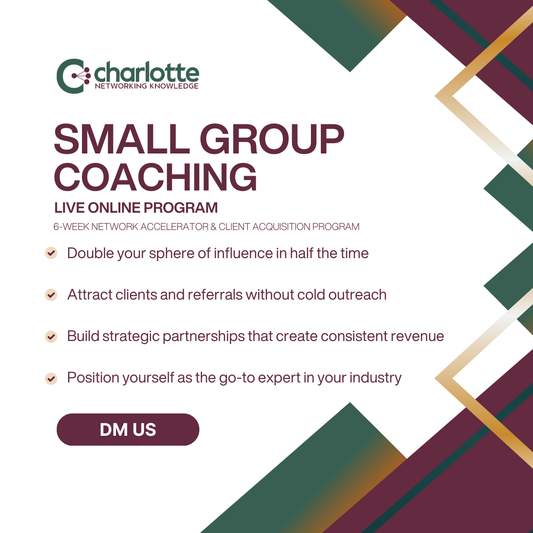 Small group business mastermind in Charlotte NC focused on strategic networking, referral partnerships, client acquisition, and advanced personal branding for business owners and entrepreneurs.